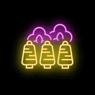 Neon sign representing a row of three sewn buttons under a cloud of smoke Stock Illustration