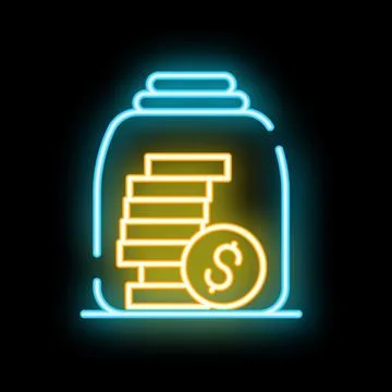 Neon sign representing saving money with coins stack growing in money jar Stock Illustration