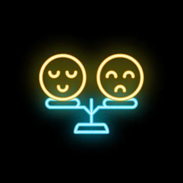 Neon sign representing a scale comparing a happy face and a sad face Illustrazione stock