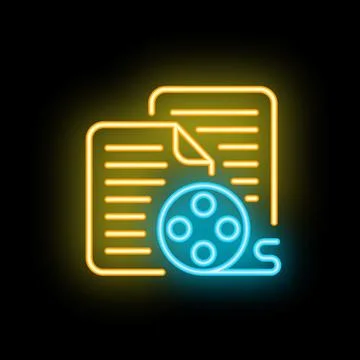 Neon sign representing scriptwriting with reel and papers Illustrazione stock