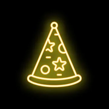 Neon sign representing a slice of pizza with pepperoni, mushrooms and olive.. Stock Illustration