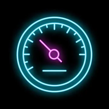 Neon sign representing speedometer showing progress on black background Stock Illustration