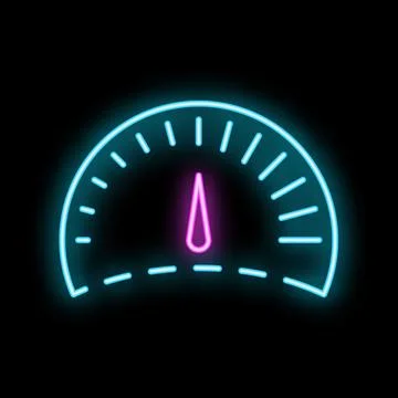 Neon sign representing speedometer showing progress on black background Stock Illustration