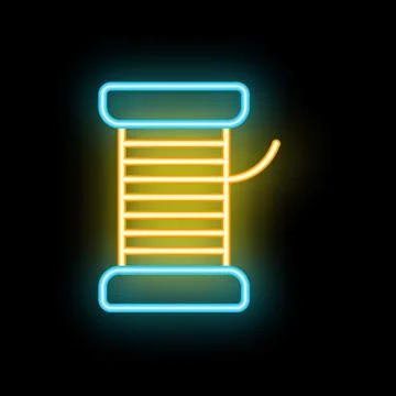 Neon sign representing spool of thread on black background Illustrazione stock
