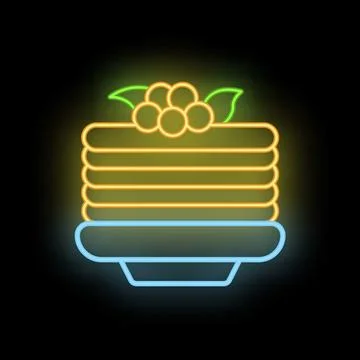 Neon sign representing a stack of pancakes with berries on a plate Stock Illustration