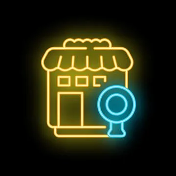 Neon sign representing a store being searched online using a magnifying glass Illustrazione stock