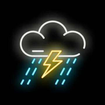 Neon sign representing storm cloud with lightning and rain falling Stock Illustration