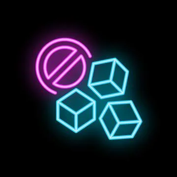 Neon sign representing sugar cubes with prohibition symbol for sugar free c.. Stock Illustration