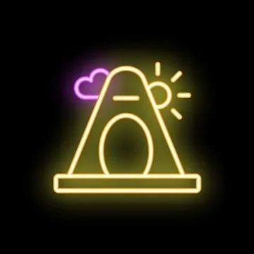 Neon sign representing a tent under a cloudy sky at sunset for camping touris Stock Illustration