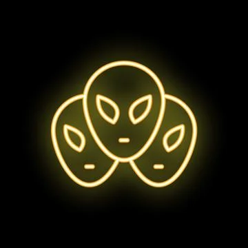 Neon sign representing three alien faces glowing on black background Stock Illustration