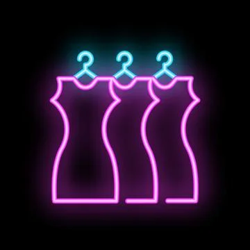 Neon sign representing three dresses hanging on hangers on black background Stock Illustration