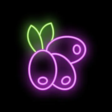 Neon sign representing three olives with leaves on black background Stock Illustration