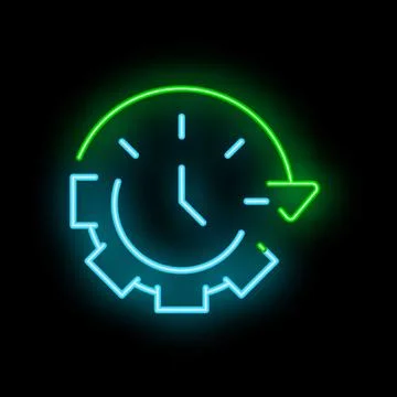 Neon sign representing time management with clock and gear symbol Stock Illustration