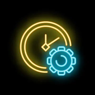 Neon sign representing time management with clock and cogwheel Stock Illustration