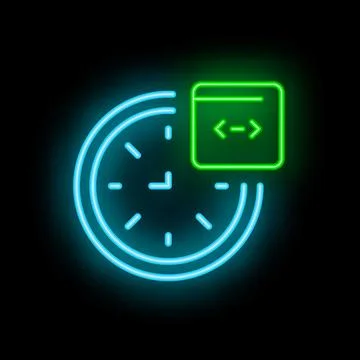 Neon sign representing time management for web development with clock and cod Stock Illustration