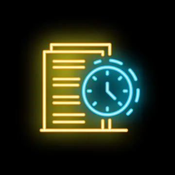 Neon sign representing time management with clock and documents Stock Illustration