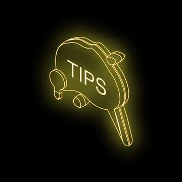 Neon sign representing tips with light bulb on black background Stock Illustration