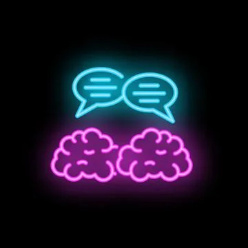 Neon sign representing two brains communicating with speech bubbles Stock Illustration