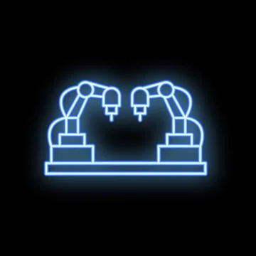 Neon sign representing two industrial robots working together on production.. イラスト素材