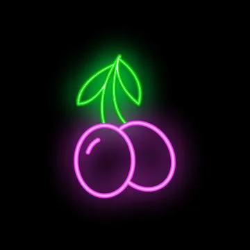 Neon sign representing two plums with green leaves on black background Stock Illustration