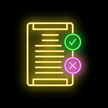 Neon sign representing validated document with checkmark and crossmark Stockillustratie
