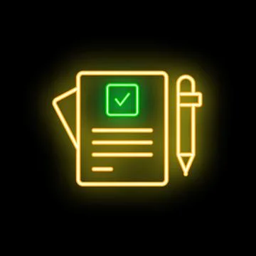 Neon sign representing validated document with a pen on black background Stockillustratie