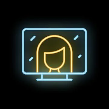 Neon sign representing video call with woman on computer screen Stock Illustration