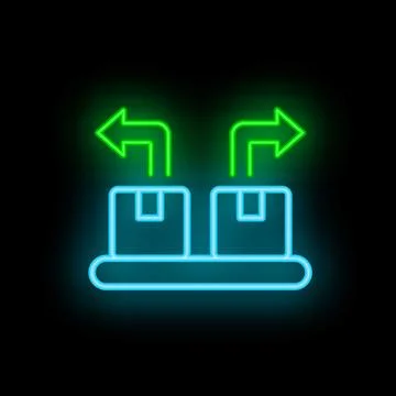 Neon sign representing warehouse sorting system moving boxes on conveyor belt Stock Illustration
