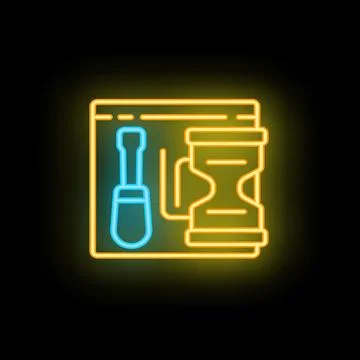Neon sign representing website under construction with screwdriver and hour.. Illustrazione stock