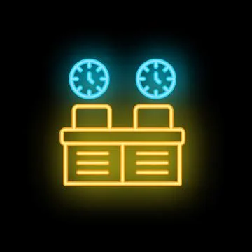 Neon sign representing working overtime with two clocks and two desks Ilustração Stock