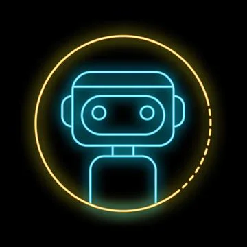 Neon sign of a robot in a circle on a black background Illustrazione stock