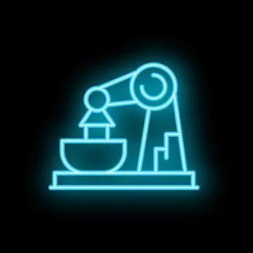 Neon sign of robotic arm picking up object in factory Stock Illustration
