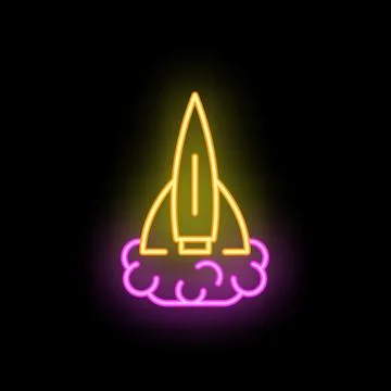 Neon sign of rocket launching from clouds on black background Stock Illustration