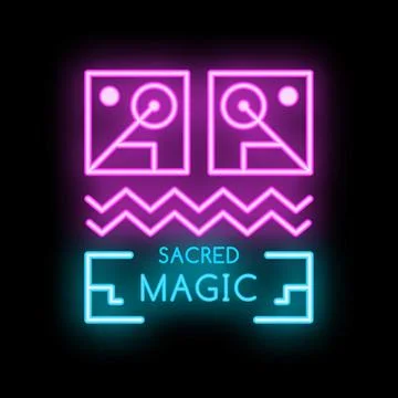 Neon sign of sacred magic with esoteric symbols and waves Stock Illustration