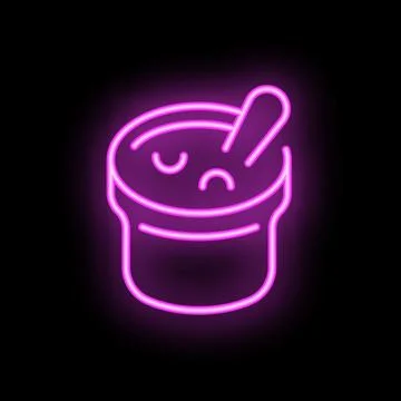 Neon sign of sad empty coffee cup with spoon on black background Stock Illustration