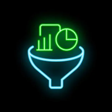 Neon sign of a sales funnel processing bar graph and pie chart data Stock Illustration
