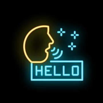 Neon sign saying hello with speaking person icon on black background Illustration