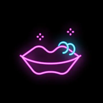 Neon sign of sensual lips with piercing on black background Stock Illustration