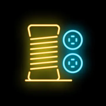 Neon sign of sewing thread spool and buttons on black background Stock Illustration