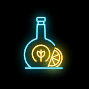 Neon sign showing bottle with leaf and lemon slice for natural products Stock Illustration