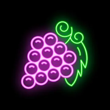 Neon sign showing bunch of round grapes with leaf on black background Stock Illustration