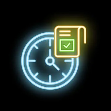 Neon sign showing clock with checked document for time management concept Stock Illustration