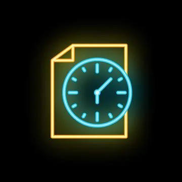 Neon sign showing clock on document for time management concept Stock Illustration