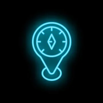 Neon sign showing compass with needle pointing north on map pin Stock Illustration