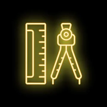 Neon sign showing compass for technical drawing and ruler Stock Illustration