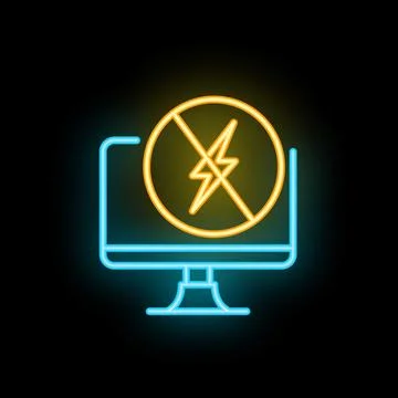 Neon sign showing computer displaying no electricity symbol on black backgrou Stock Illustration