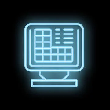Neon sign showing computer displaying spreadsheet with data and charts Stock Illustration