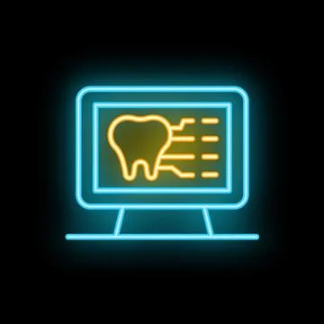 Neon sign showing computer screen displaying tooth for dentistry Stock Illustration