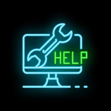 Neon sign showing computer screen with wrench and help text Illustrazione stock