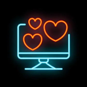 Neon sign showing a computer screen displaying growing love hearts Stock Illustration